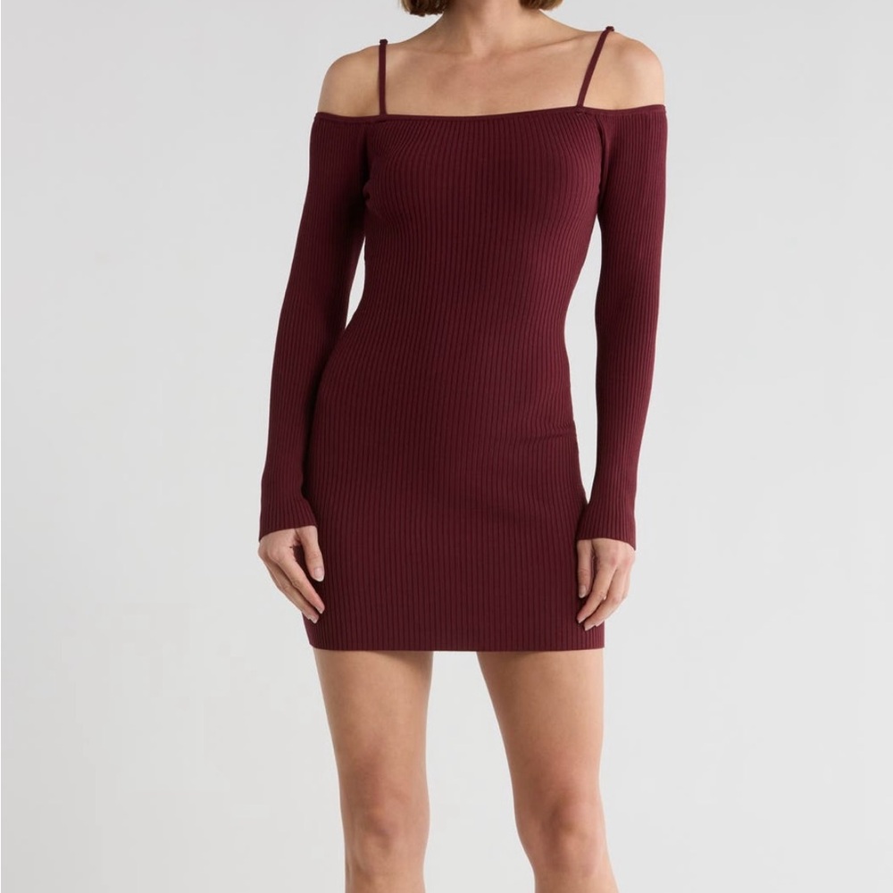 Good American Virgo Cold Shoulder Long Sleeve Rib Sweater Dress NWT